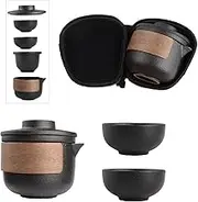 Tandarui Chinese Ceramic Tea Set with 1 Teapot and 2 Cups for Adults, Japanese Handmade Portable Travel Gongfu,Suitable for Travel, Home,Outdoor and Office (Black)