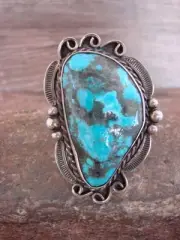 Large Native American Sterling Silver & Turquoise Ring Signed WC - Size 9.5