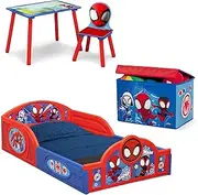 Delta Children - Marvel Spidey and His Amazing Friends 4-Piece Toddler Room-in-a-Box Set – Includes Sleep and Play Toddler Bed, Table, 1 Chair and Toy Box, Blue/Red