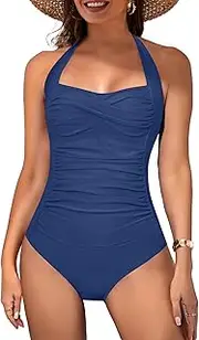 [AI'MAGE] Women's One Piece Bathing Suit Halter Neck Swimsuit Ruched Tummy Control Bathing Suits S-2XL