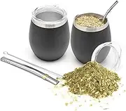 BALIBETOV Modern Mate Cup And Bombilla Set (Yerba Mate Cup) -Yerba Mate Set includes Double Walled 18/8 Stainless Steel Mate Tea Cup, Two Bombilla Mate (Straw) and a Cleaning Brush (Shiny Black, 8 oz)