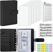 FLAFARY A6 PU Leather Binder Budget Planner Organizer 6 Ring Binder Cover, 8Pcs Binder Pockets, 12Pcs Expense Budget Sheets & 2Pcs Categories Sticker Labels, Money Saving Binder for Budgeting(Black)