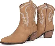 [gioanroca] Western Cowgirl Ankle Boot for Women with Embroidered Comfy Fashion Vintage Boot Wide Calf Horse Riding Pointed Toe Cowgirl Short Booties