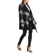 DKNY Women's Black/grey Open-front Fringe Belted Back Fleece Jacket Top XL TEDO