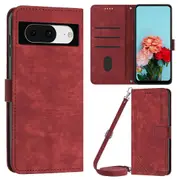 PU Leather Phone Cover for Google Pixel 8 ,Wallet Stand Lines Imprinted Case with Shoulder Strap