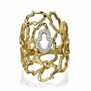 Diamond Studded Hamsa Ring In 14K Yellow Gold Recurrent Hebrew Solid Jewelry