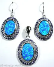 Blue Fire Opal Tanzanite Inlay Solid 925 Sterling Silver Pendant & Earrings set