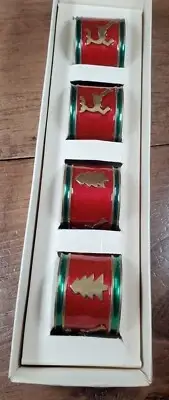 Pier One Christmas Enameled Napkin Rings w/Reindeer & Trees Red Green Gold Set 4