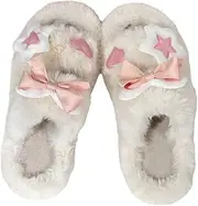 [AoyooH] 2 Bands Cute Bow Furry Slide Girls Winter Autumn Cozy House Flat Sandals Plush Outdoor Indoor Comfortable Fluffy Slip-on Shoes