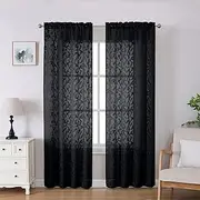 Lecloud Leia Jacquard Textured Leaf Sheer Black Curtains 84 Inches Long 2 Panels, Clip Light Filtering Voile Dining Room Bedroom Curtain, Double Rod Pockets Window Living Room Drapes, 38x84 Inch