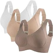 [Generic] Women's Ribbed Push Up Adjustable Wireless Bra, 3PCS Solid Color Plus Size Sports Bras for Women