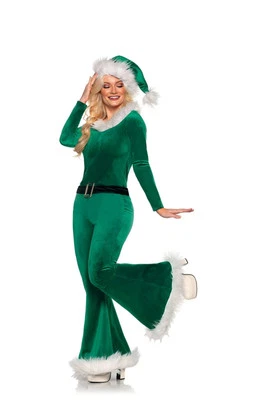 Underwraps Women's Green Jingle Fur Trimmed Crop Top, Pants & Belt Size S NEW