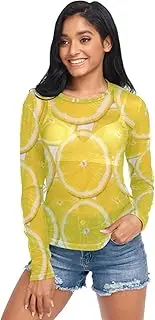 [RPLIFE] Lemon Slices Yellow Womens Mesh Tops, Sexy Sheer Tops for Women S-XXL