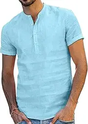 [Aosufei] Men's Cotton Linen V-Neck Casual T-Shirt Button Solid Color Slim Fit T-Shirt Lightweight Breathable Athletic T-Shirt