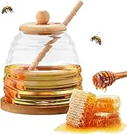 CAAGGMM Honey jars with spoon, 500 ml honey jar with wooden lid, sealed glass container, honey dispenser, wide mouth honey storage jar, honey jars for honey and syrup