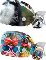 [YTYVAGT] 2-Pc,Nurse Scrub Caps,Scrub Hats with Buttons and Cotton Sweatband,Alaskan Dog Funny Tongue