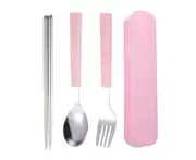 Travel tableware set, stainless steel tableware, reusable tableware, with box, for camping and office - pink