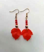 Red Leaf Earrings Lucite Leaves Handmade Czech Glass Crystal Beads Gold Tone