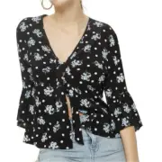 Topshop Felicity floral spot tie front blouse size 2 black blue bell sleeve NWT