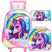 3 Piece Unicorn Rolling Backpack Set With Glow In The Dark Design
