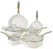 Lockton 10-Piece Ceramic Nonstick Set Linen w/ Gold Handle Cookware Set