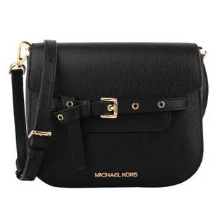 MICHAEL KORS 金字綁帶荔枝紋皮革斜背馬鞍包(黑)小