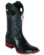 WILD WEST BLACK GENUINE OSTRICH LEG COWBOY BOOT RANCH-WIDE SQUARE-TOE (EE+)