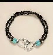 Double Hearts ANKLE Bracelet Rice & Seed Beads Black With Turquoise Blue NWT