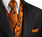 MEN'S BURNT ORANGE PAISLEY TUXEDO VEST TIE HANKIE FORMAL WEDDING PROM HOMECOMING