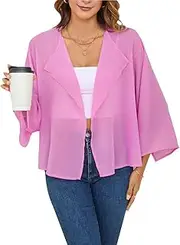 [OLRAIN] Women Summer Tops 3/4 Chiffon Kimono Cardigans Short Shrugs Cusual Loose Open Front Bolero Cape Cover Up