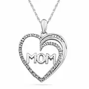0.1 CT. T.W. Baguette and Round Natural Diamond "MOM" Heart Pendant in Sterling Silver