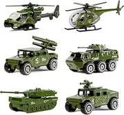 Die-cast Military Vehicles6 Pack Assorted Alloy Metal Army Vehicle Models Car ToysMini Army Toy TankJeepPanzerAnti-Air VehicleAttack HelicopterScout Helicopter Playset for Kids Toddlers Boys