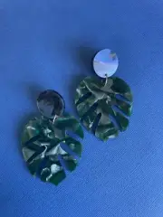 Large Acrylic Tropical Monstera Leaf Earrings Stunning Green Surgical Steel Stud