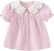 [DAVE & BELLA] DAVE&BELLA Girls Button Down Shirt with Doll Collar Summer Crop Tops Ruffle Short Sleeve Shirt Blouse with Rabbit Embroidery