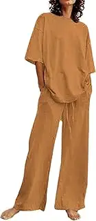 [HanzhuoLG] Women's Casual Loose Two Piece Set Summer Solid Color Crew Neck Half Sleeve T Shirt & Pants 2PCS Set Brown Small