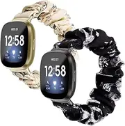 Scrunchie Elastic Watch Band Fit for Fitbit Sense/Versa 3/Versa 4/Sense 2 Women Girls, Soft Cloth Pattern Printed Fabric Wristband Replacement Bracelet for Fitbit Versa 4/3 Accessories