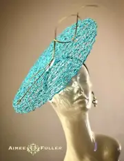 Aimee Fuller Kentucky Derby Hat Turquoise Blue Tan Twirl Big Ascot Fascinator