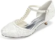[JIAJIA] Women's Bridal Shoes 01129 Closed Toe T-Strap Low Heel Lace Satin Pumps Imitation Wedding Shoes