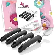 Adaptive Eating Utensils by CFOX 4pc Adaptive Silverware Stainless Steel Knife, Fork, 2 Spoons for Arthritis, Elderly, Hand Tremors or Parkinson's - (Black) Weighted Grips