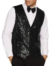 Mens Sequin Vest Slim Fit Shiny Dress Waistcoat Bowtie Set for X-Large Black