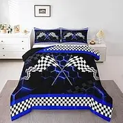 Feelyou Boys Girls Blue Race car Duvet Insert Full Size, Racing Car Comforter Set Racing Flag Comforter Set Kids Bedroom Decor with 2 Pillow Case