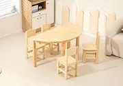 120x60cm Semi Circle Timber Pinewood Wooden Kids Table Activity Study Desk & 4 Wooden Chairs Set