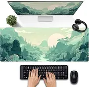 Cute Pastel Mint Green Forest Sage Desk Mat Anime Large Gaming Mouse Pad XL, Aesthetic Sunrise Laptop Computer Keyboard Mouse Mat, Women Office Desk Decor Cover Mat with Stitched Edges 31.5"x11.8"