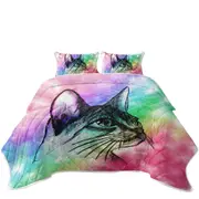 Art Cat Drawing over Colorful Fog Coverlet