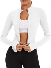[SHEKINI] Women's Running Track Jackets with Thumb Hole Slim Fit Gym Crop Tops Full Zip Front Yoga Tops Long Sleeve Sports T-Shirt