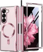 [BERFY] Upgraded Magnetic for Z Fold 6 Case with S Pen Holder, Compatible with Magsafe,[Built-in Screen Protector & Hinge Protection] Full-Body Plating Slim Phone Case for Samsung Galaxy Z Fold 6, Pink
