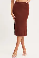 Brown Knit Skirt Midi Side Split - Size L, Women's Midi Bodycon