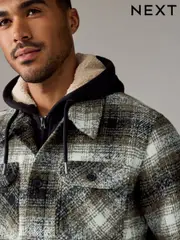 Green Check Hooded Borg Lined Shacket (B90546) | $75