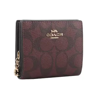 【COACH】C Logo拉鍊塗層帆布暗扣二折短夾(酒紅色)