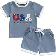 [Karuedoo] Toddler Baby Boy 4th of July Outfit USA Embroidery Short Sleeve Waffle Knit T Shirt and Shorts Set Patriotic Clothes